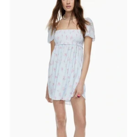 Aritzia Sundeh Women's Size Medium Yellow Floral Smocked Mini Dress - Picture 7 of 8